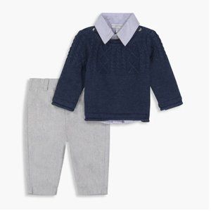 NWT - 12M - 3 piece Set - Navy Sweater, Stripe Shirt & Grey Woven Pant Set